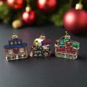 Set of 3 Train Christmas Ornaments with Santa a Snowman & Teddy Bringing Gifts